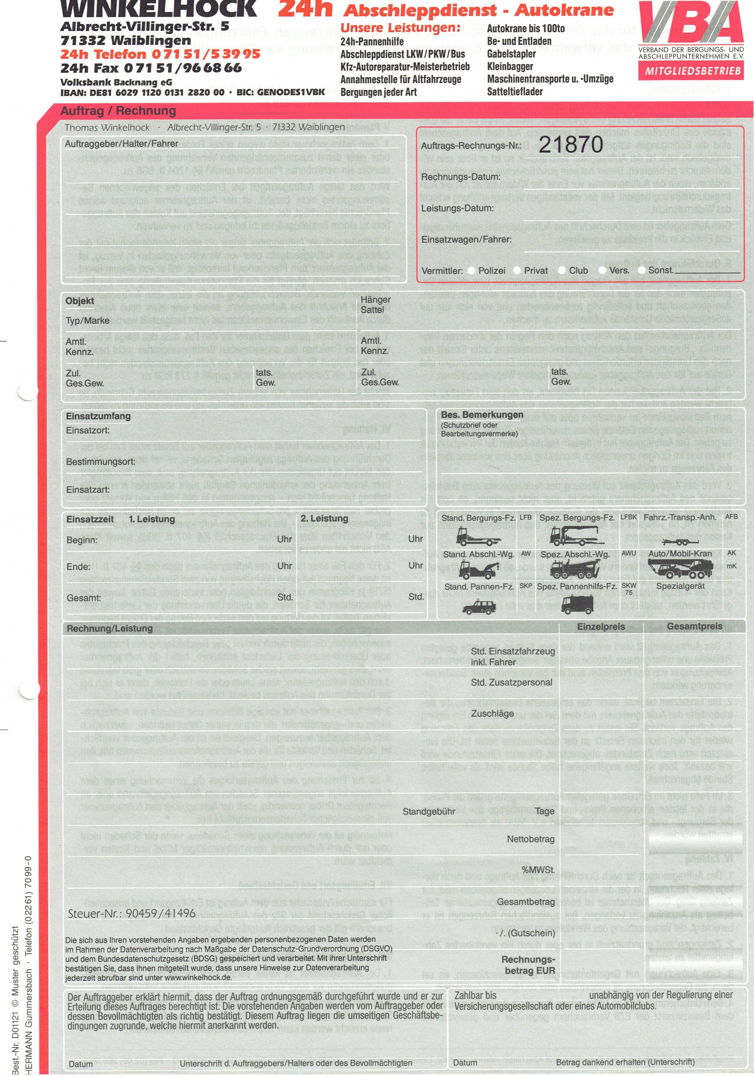 Auftrag / Rechnung WINKELHOCK – Originalblatt